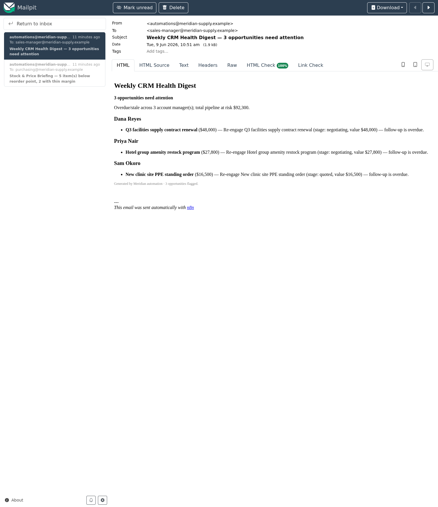 Automated weekly CRM health digest email
