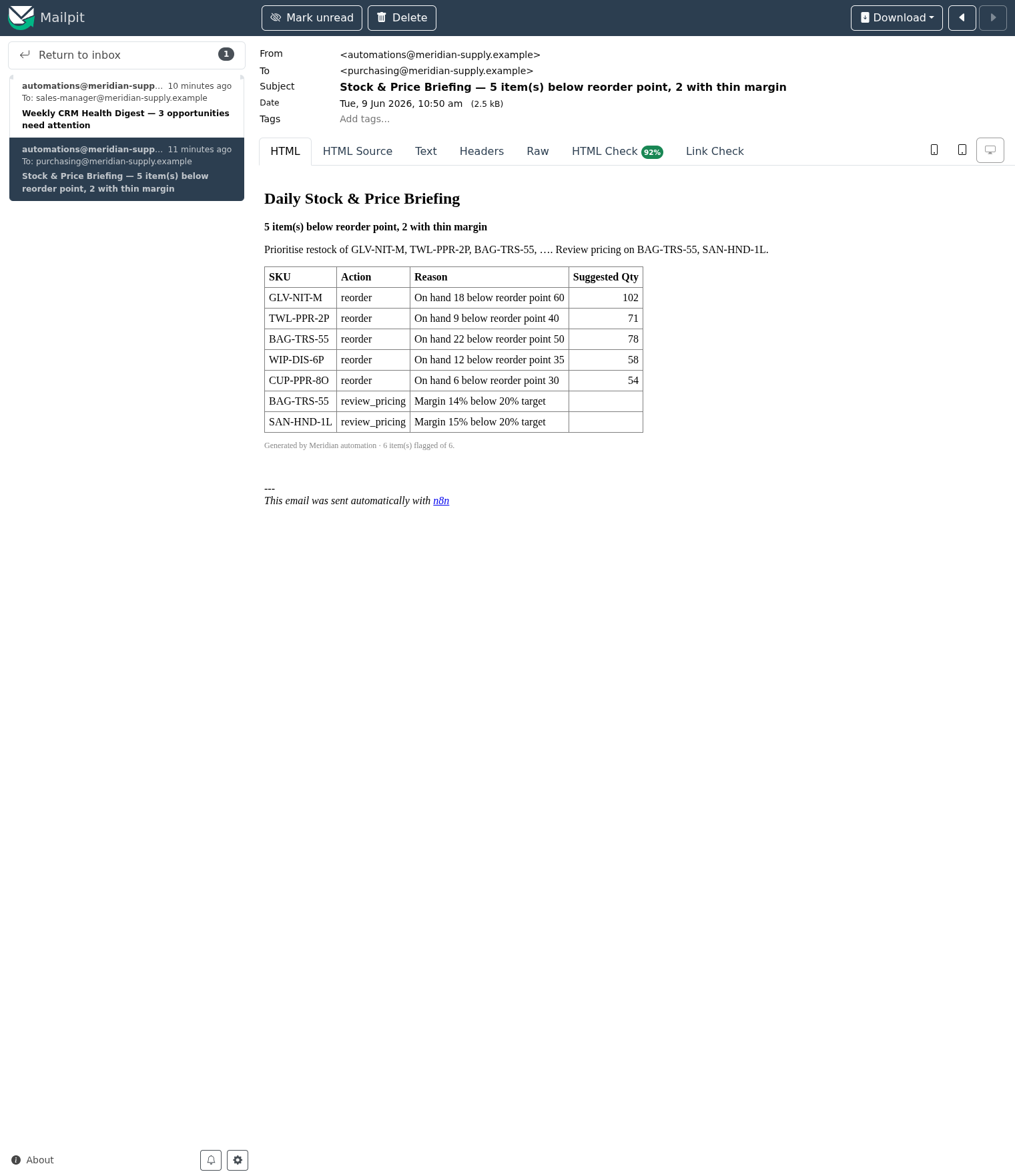 Automated stock & price briefing email